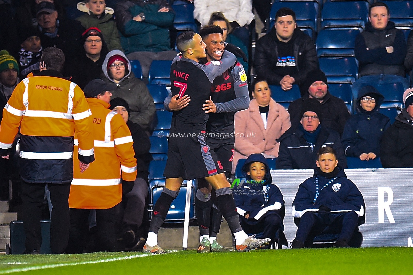 20th January 2020, The Hawthorns, West Bromwich, England; Sky Bet Championship, West Bromwich Albion v Stoke City : Tyrese Campbell (26) of Stoke City celebrates his early goal with team mate Tom Ince (07) of Stoke City