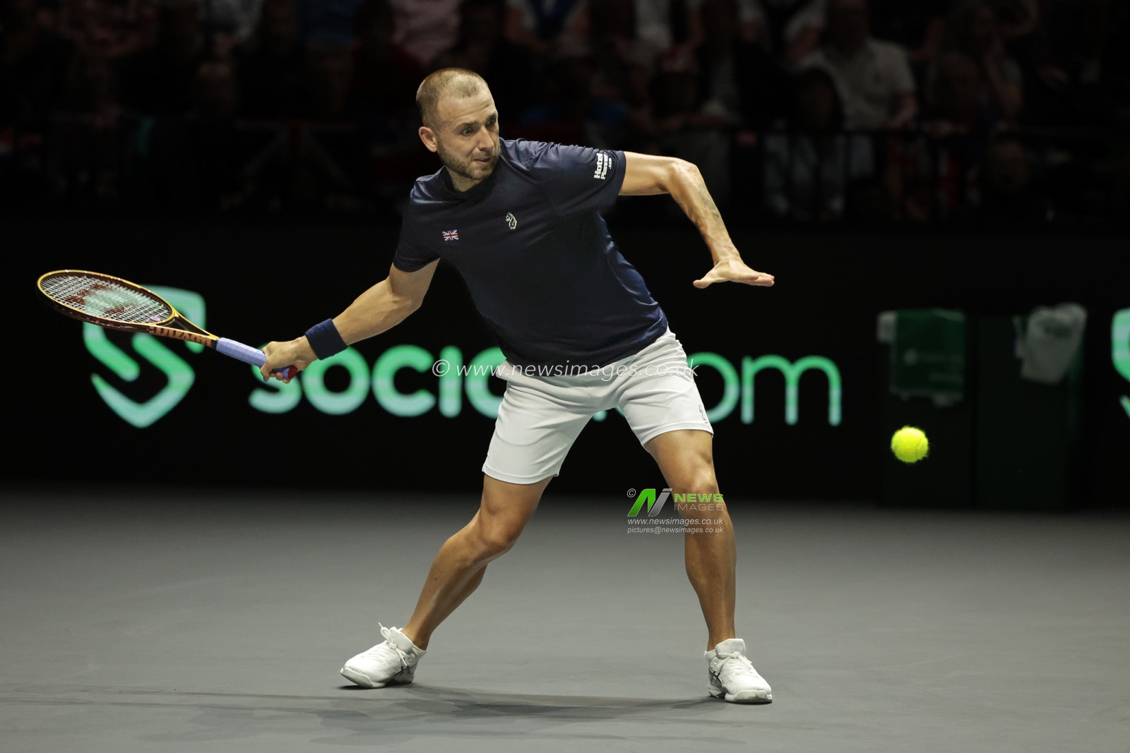 Daniel Evans (GBR) in action against Arthur Fils (FRA) during the Davis Cup match Great Britain vs France at Manchester AO Arena, Manchester, United Kingdom, 17th September 2023

(Photo by Conor Molloy/News Images)