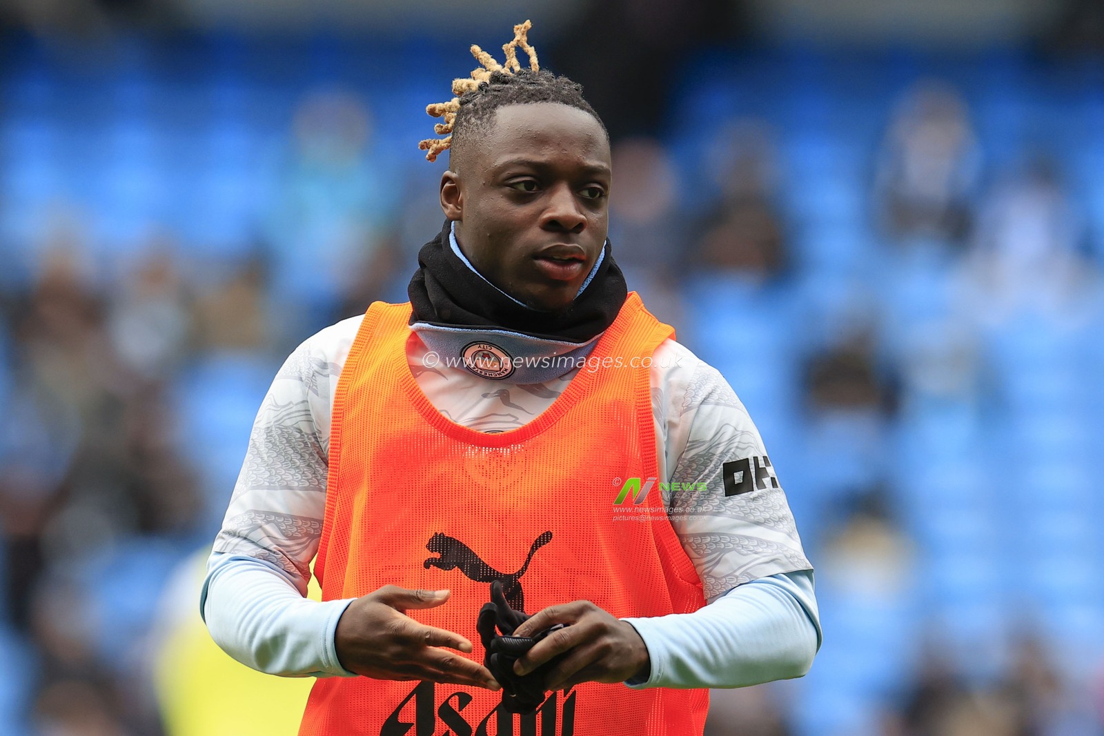Jeremy Doku of Manchester City during the warm up ahead of the Premier League match Manchester City vs Everton at Etihad Stadium, Manchester, United Kingdom, 10th February 2024

(Photo by Conor Molloy/News Images)