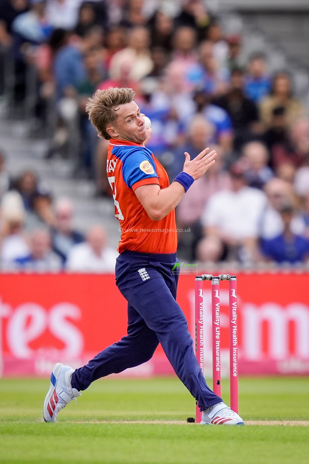Sam Curran of England takes the wicket of Abhishek Sharma of India who is caught in the deep by Tom Banton of England  during the Second Vitality T20 International match England vs India at Old Trafford, Manchester, United Kingdom on 04 July 2026

(Photo by Maynard Manyowa/News Images)