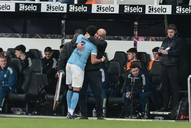 Pep Guardiola manager of Manchester City embraces Omar Marmoush of Manchester City after he’s substituted during the Emirates FA Cup 5th Round  match Newcastle Untied vs Manchester City at St. James's Park, Newcastle, United Kingdom on 07 March 2026

(Photo by Mark Cosgrove/News Images)