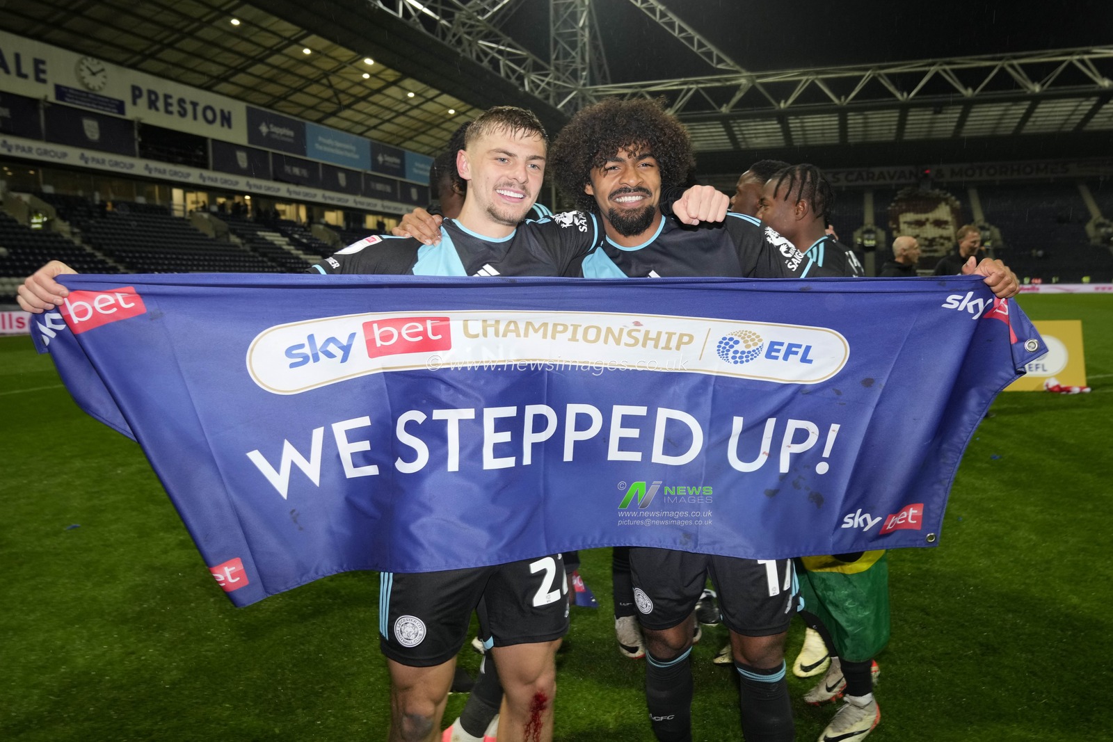 Kiernan Dewsbury-Hall of Leicester Cityand Hamza Choudhury of Leicester City celebrate after becoming champions with their 0-3 win in the Sky Bet Championship match Preston North End vs Leicester City at Deepdale, Preston, United Kingdom, 29th April 2024

(Photo by Steve Flynn/News Images)