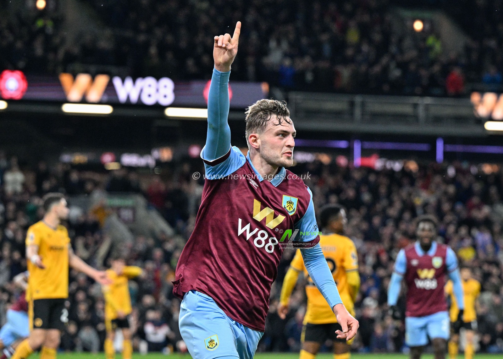 Jacob Bruun Larsen of Burnley celebrates his goal to make it 1-0 Burnley, during the Premier League match Burnley vs Wolverhampton Wanderers at Turf Moor, Burnley, United Kingdom, 2nd April 2024

(Photo by Cody Froggatt/News Images)
