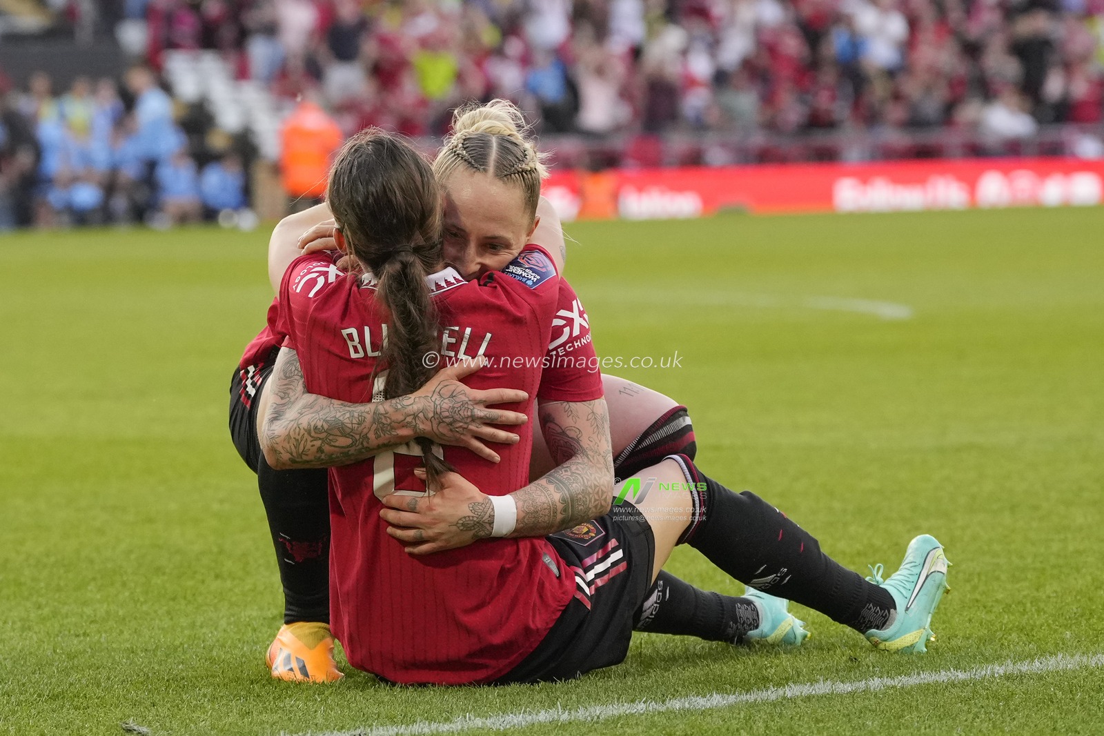 Leah Galton #11 of Manchester United celebrates with Hannah Blundell #6 of Manchester United during the The FA Women's Super League match Manchester United Women vs Manchester City Women at Leigh Sports Village, Leigh, United Kingdom, 21st May 2023

(Photo by Steve Flynn/News Images)