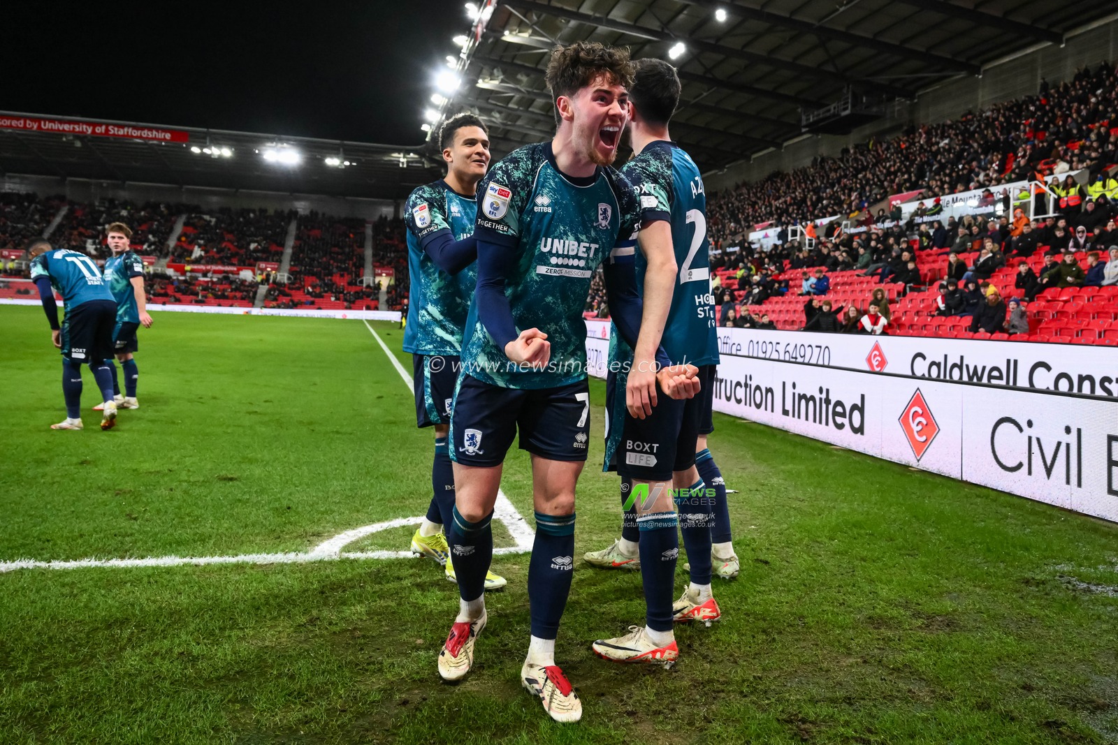 Hayden Hackney of Middlesbrough celebrates his sides goal to make it 1-2 during the Sky Bet Championship match Stoke City vs Middlesbrough at Bet365 Stadium, Stoke-on-Trent, United Kingdom, 25th February 2025

(Photo by Craig Thomas/News Images)