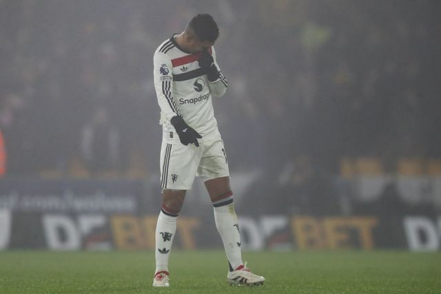 Casemiro of Manchester United reacts to his side conceding a goal to make it 2-0 during the Premier League match Wolverhampton Wanderers vs Manchester United at Molineux, Wolverhampton, United Kingdom, 26th December 2024

(Photo by Gareth Evans/News Images)
