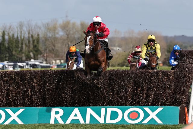 Mirabad ridden by Tristan Durrell jumps the last fence and runs on to win the 12:45 Hallgarten & Novum Wines Maghull Novices' Chase during the 2026 Randox Grand National Day at Aintree Racecourse, Aintree, United Kingdom on 11 April 2026

(Photo by Mark Cosgrove/News Images)