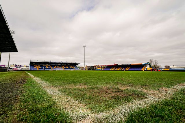 A general view of the One Call Stadium pitch during the pre-match press conference for the FA Cup Fifth round match Mansfield v Arsenal to be played at One Call Stadium, Mansfield, United Kingdom on 07 March 2026

(Photo by Maynard Manyowa/News Images)