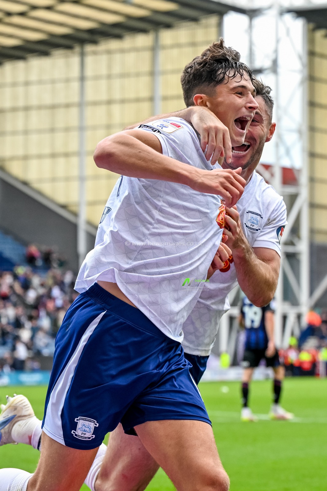 Jordan Story of Preston North End  celebrates with Andrew Hughes of Preston North End  after scoring the second goal for Prestonduring the Sky Bet Championship match Preston North End vs Middlesbrough at Deepdale, Preston, United Kingdom, 13th September 2025

(Photo by Adam Gee/News Images)