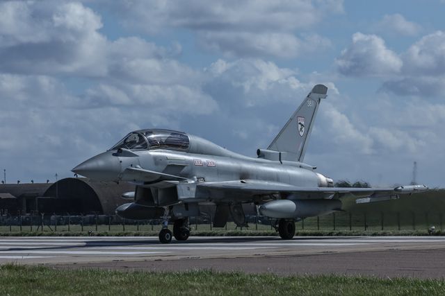 A RAF Eurofighter Typhoon FGR Mk4 taxies back to the pan during a flight training day at RAF Coningsby, Coningsby, United Kingdom, 22nd September 2025

(Photo by Mark Cosgrove/News Images)