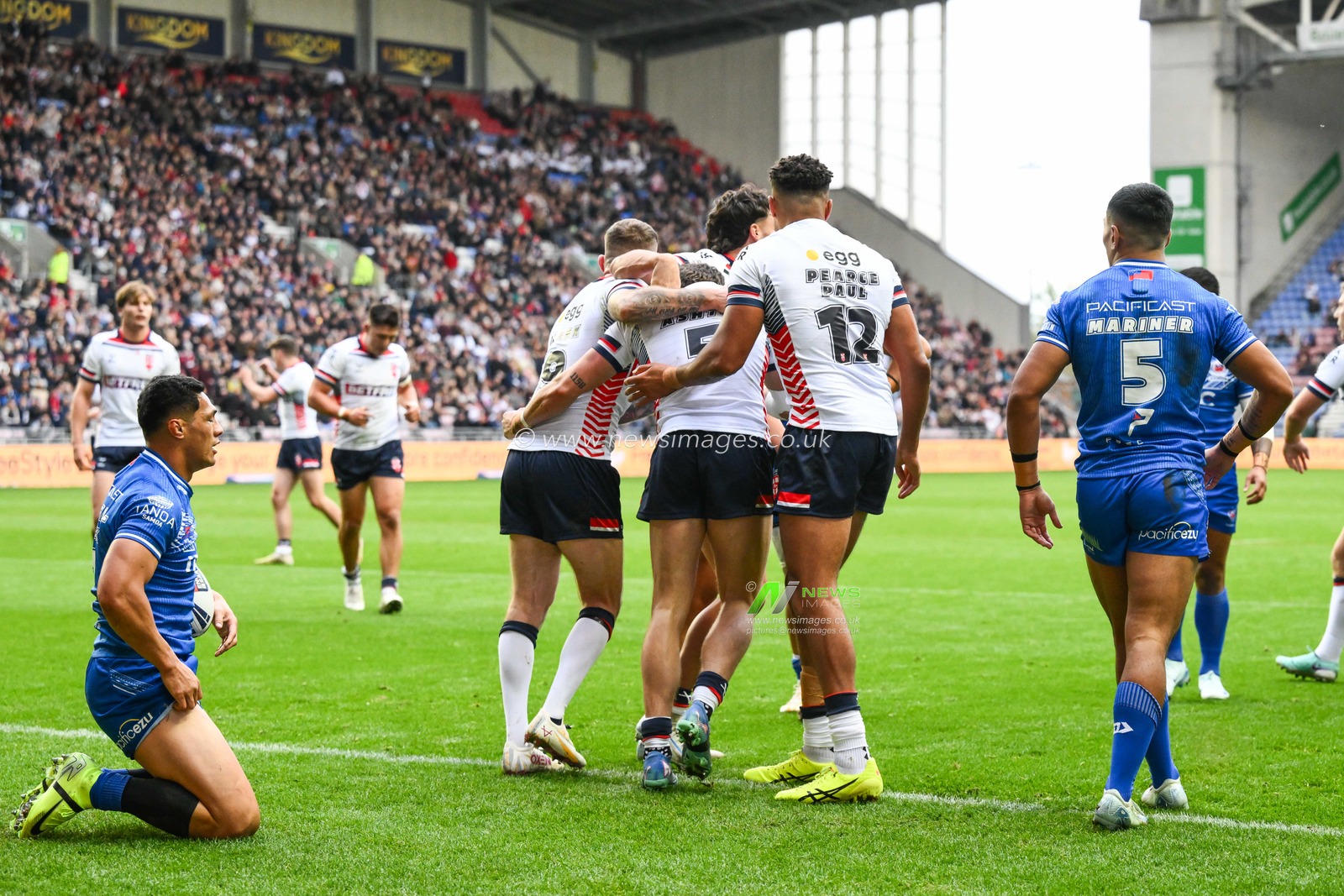 Matty Ashton of England celebrates his try during the ABK Beer Internationals Series match England vs Samoa at The Brick Community Stadium, Wigan, United Kingdom, 27th October 2024

(Photo by Craig Thomas/News Images)