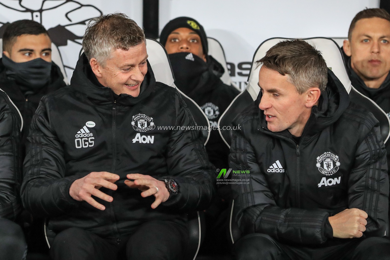 5th March 2020, Pride Park Stadium, Derby, England; Emirates FA Cup 5th Round, Derby County v Manchester United : Ole Gunnar SolskjÃ¦r manager of Manchester United and Kieran McKenna Manchester Unitedâ€™s first team coach talk on the bench before kick-off