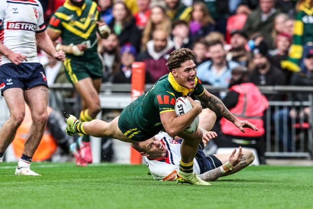 Reece Walsh of Australia goes over for a try during the The Ashes Series 2025 England vs Australia at Wembley Stadium, London, United Kingdom, 25th October 2025

(Photo by Alfie Cosgrove/News Images)