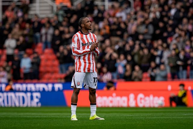 Eric Bocat of Stoke City applauds during the 8th minute as a tribute to the late Oliver Royles during the Sky Bet Championship match Stoke City vs Sheffield Wednesday at Bet365 Stadium, Stoke On Trent, United Kingdom on 03 April 2026

(Photo by Maynard Manyowa/News Images)