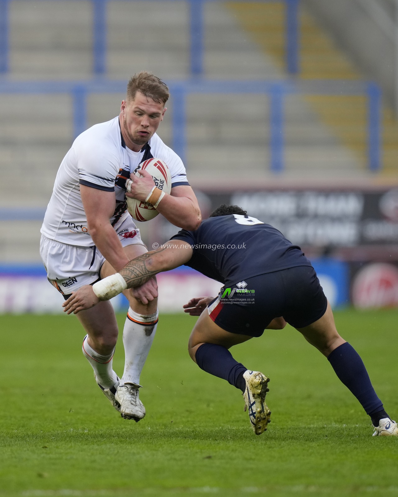 Morgan Smithies13 # of England breaks past Anthony Marion #9 of France during the Mid Season International match England vs France at Halliwell Jones Stadium, Warrington, United Kingdom, 29th April 2023

(Photo by Steve Flynn/News Images)