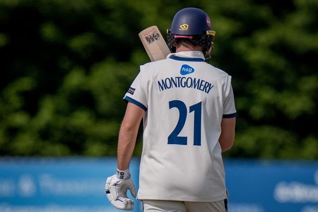 Matthew Montgomery raises his bat to the pavilion to celebrate scoring a fifty during the county Championship Division Two day 4 Derbyshire vs Gloucestershire at The Central Co-Op County Ground, Derby, United Kingdom on 27 April 2026

(Photo by Maynard Manyowa/News Images)