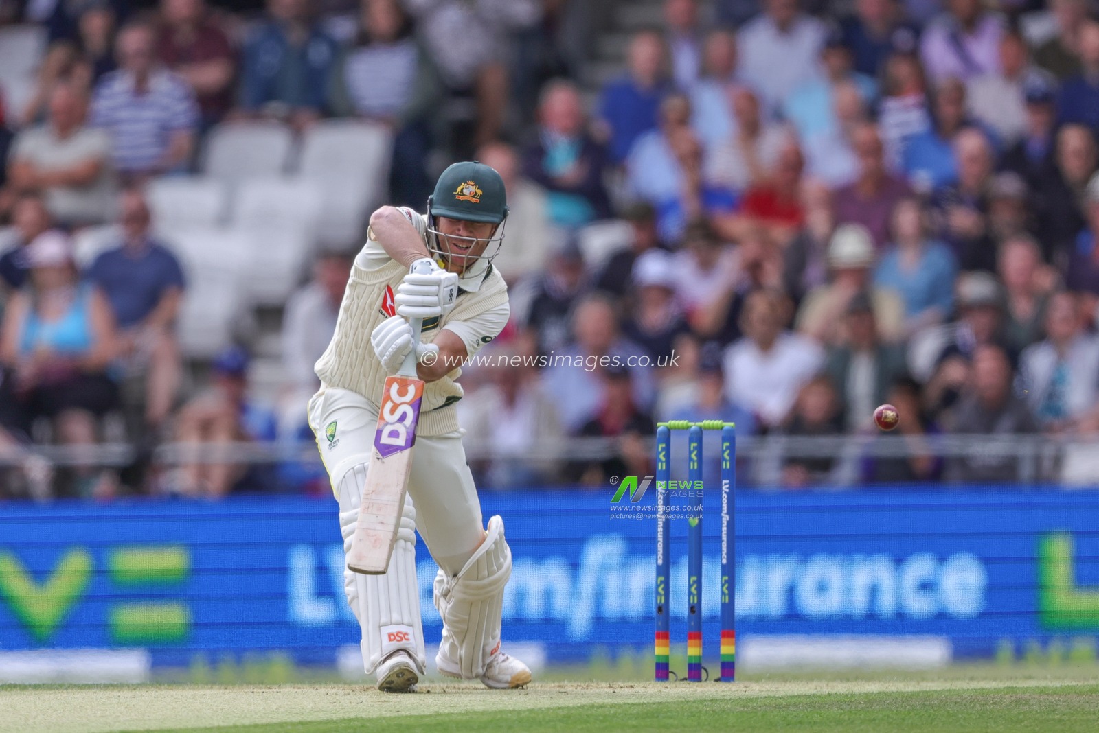 David Warner of Australia hits the ball into the hands of Zak Crawley of England during the LV= Insurance Ashes Third Test Series Day 1 England v Australia at Headingley Stadium, Leeds, United Kingdom, 6th July 2023

(Photo by Mark Cosgrove/News Images)