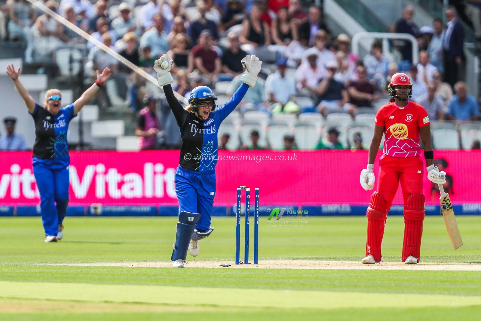 Georgia Redmayne of London Spirit celebrates after dismissing Hayley Matthews of Welsh Fire during the The Hundred Women's Final match Welsh Fire Women vs London Spirit Women at Lords, London, United Kingdom, 18th August 2024

(Photo by Izzy Poles/News Images)