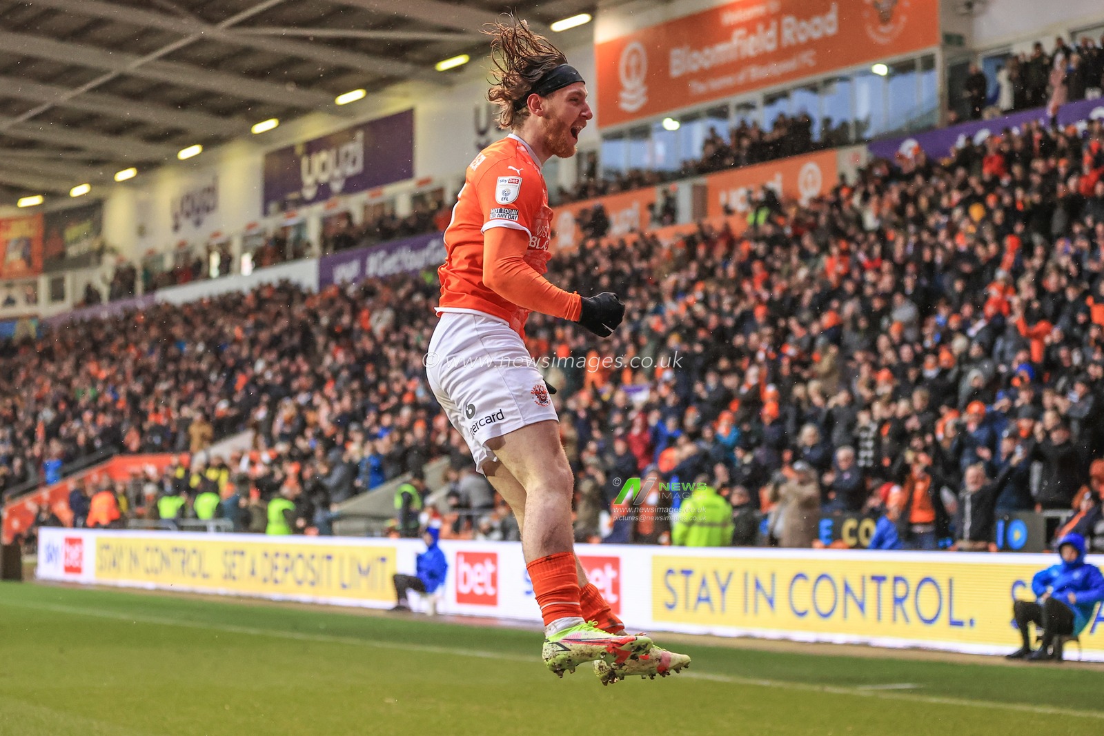 Josh Bowler #11 of Blackpool celebrates his goal to make it 3-0