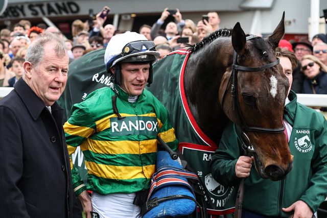 Paul Townend in the winners enclosure after winning the 16:00 Randox Grand National Handicap Chase on I Am Maximus during the Randox Grand National Day 2024 at Aintree Racecourse, Liverpool, United Kingdom, 13th April 2024

(Photo by Mark Cosgrove/News Images)