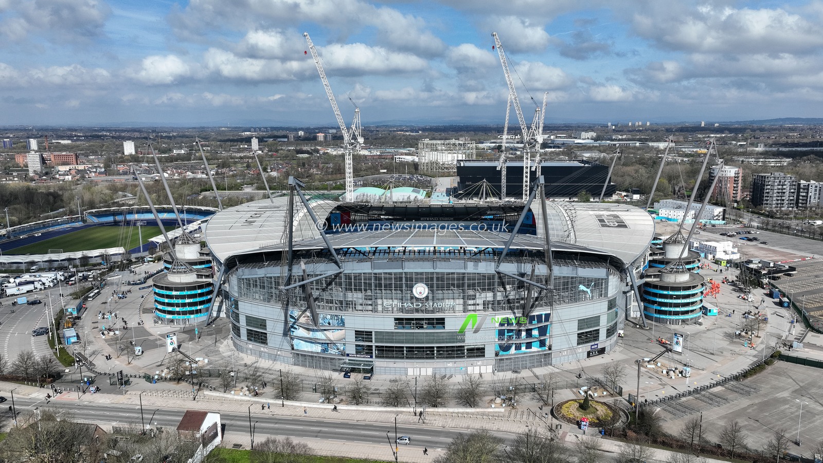An aerial view of the Etihad Stadium ahead of the Premier League match Manchester City vs Arsenal at Etihad Stadium, Manchester, United Kingdom, 31st March 2024

(Photo by Mark Cosgrove/News Images)