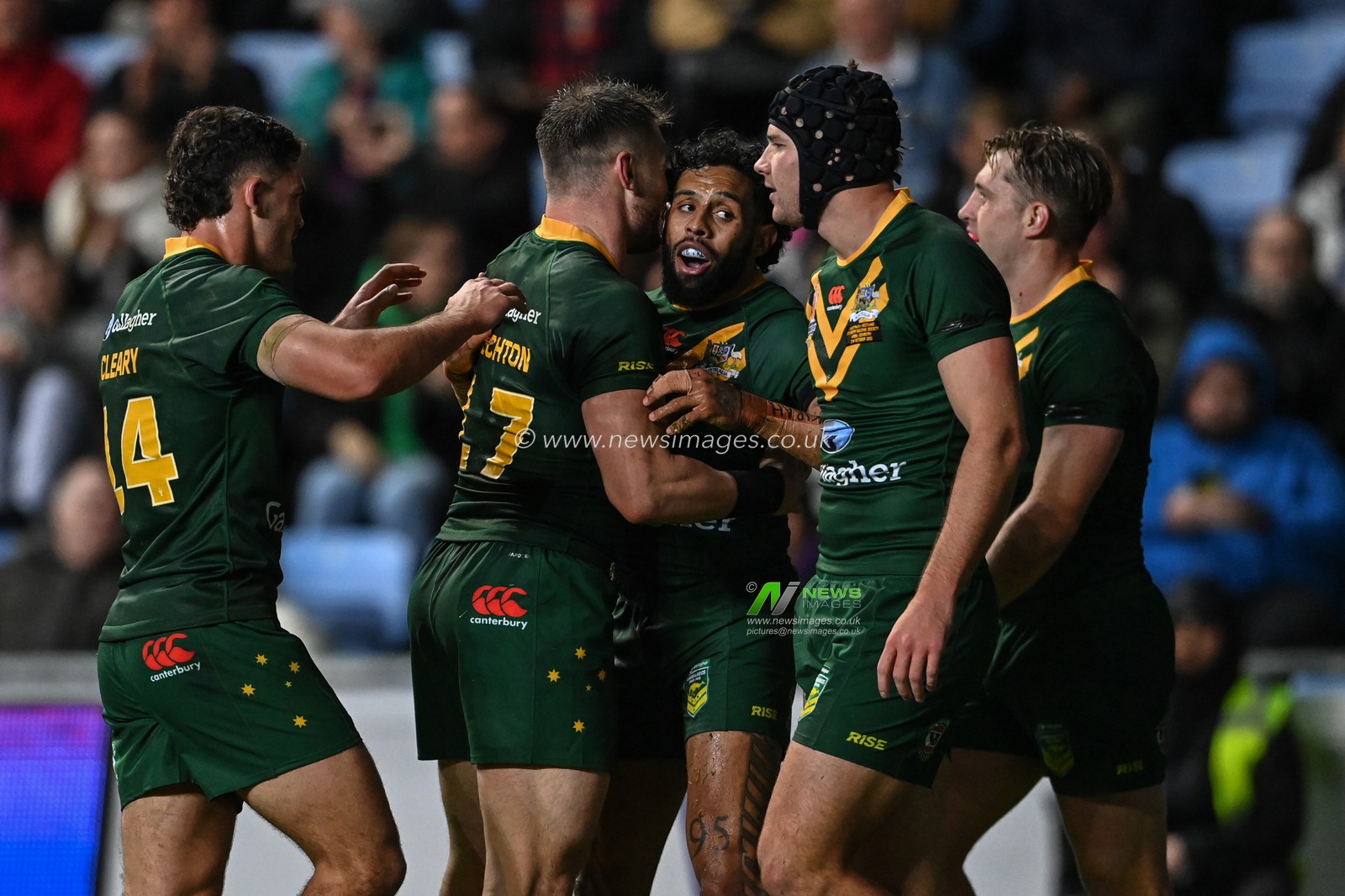 Josh Addo-Carr of Australia celebrates his try  during the Rugby League World Cup 2021 match Australia vs Scotland at Coventry Building Society Arena, Coventry, United Kingdom, 21st October 2022

(Photo by Craig Thomas/News Images)