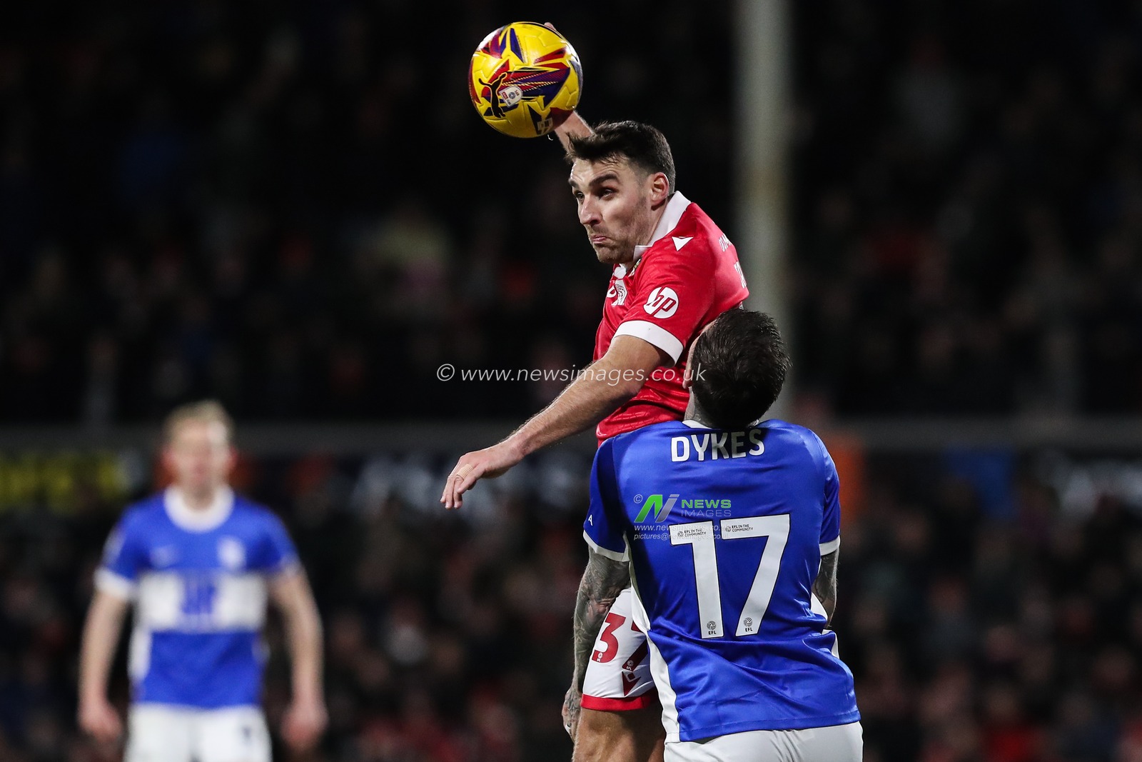 Matthew James of Wrexham beats Lyndon Dykes of Birmingham City to the high ball during the Sky Bet League 1 match Wrexham vs Birmingham City at SToK Cae Ras, Wrexham, United Kingdom, 23rd January 2025

(Photo by Gareth Evans/News Images)