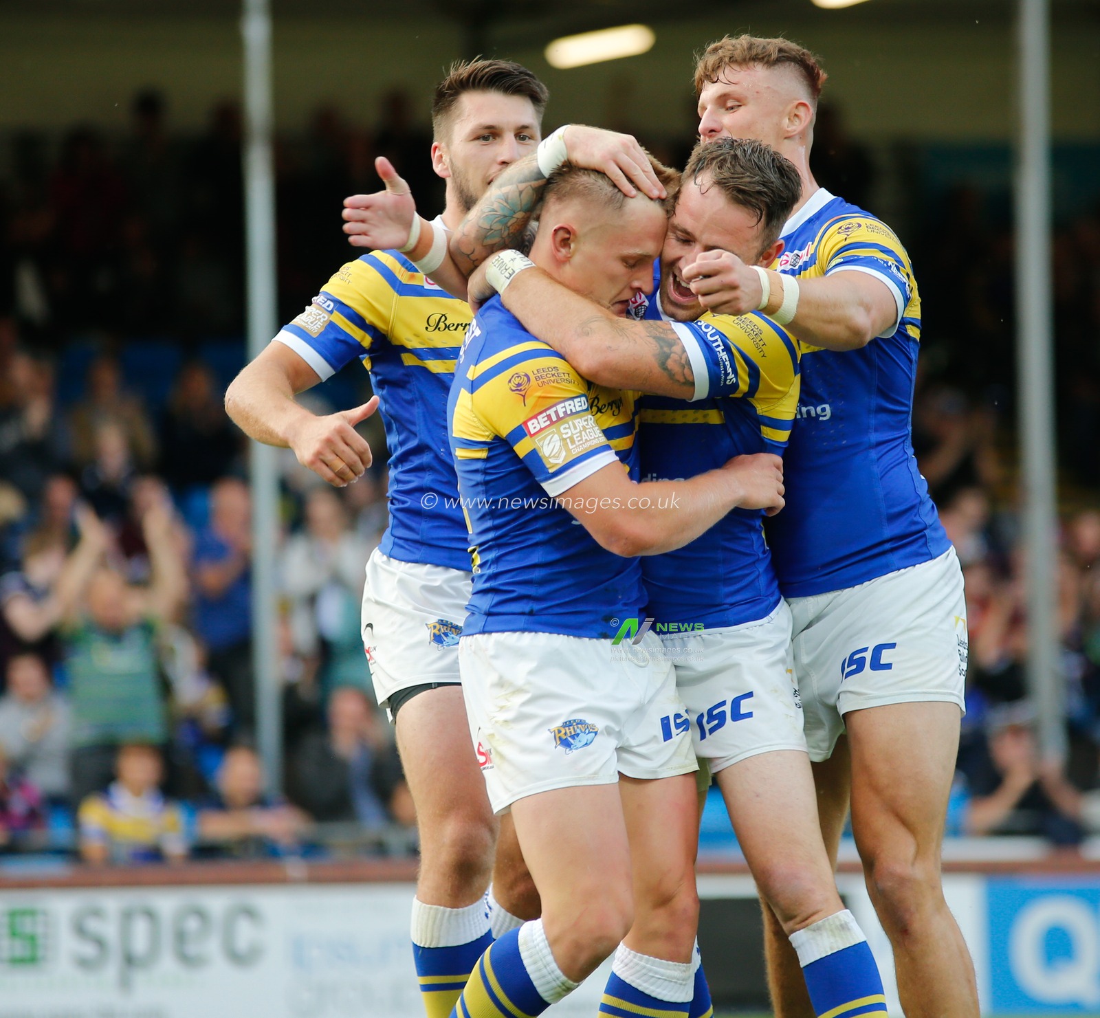 20th July 2018 , Emerald Headingley Stadium, Leeds, England; Betfred Super League, Leeds Rhinos v Widnes Vikings; Brad Dywer of Leeds Rhinos celebrates scoring the 1st try of the game with team mate Richie Myler (C).