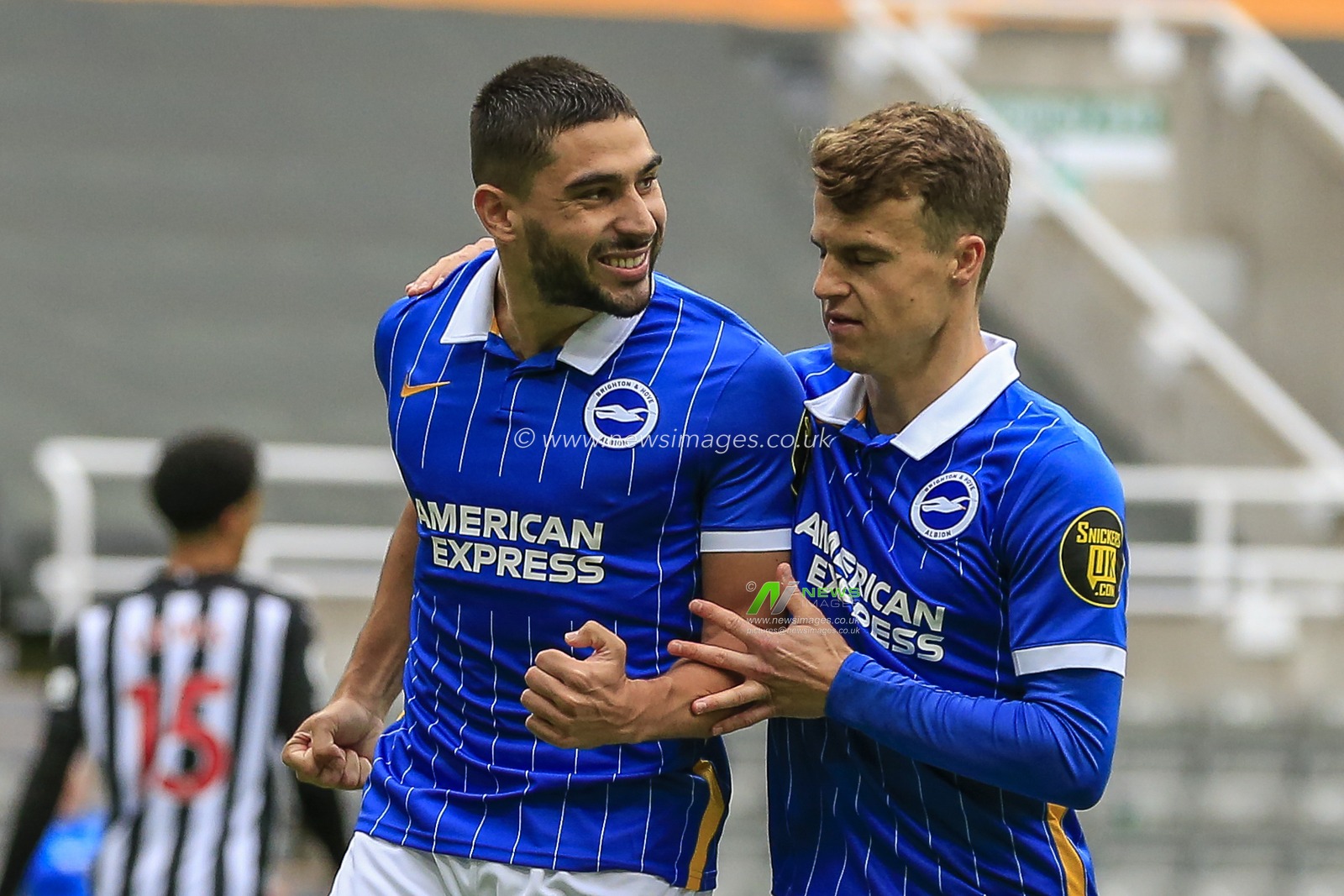 Neal Maupay (9) of Brighton and Hove Albion celebrates his goal to make it 0-1 with Solly March (20) of Brighton and Hove Albion