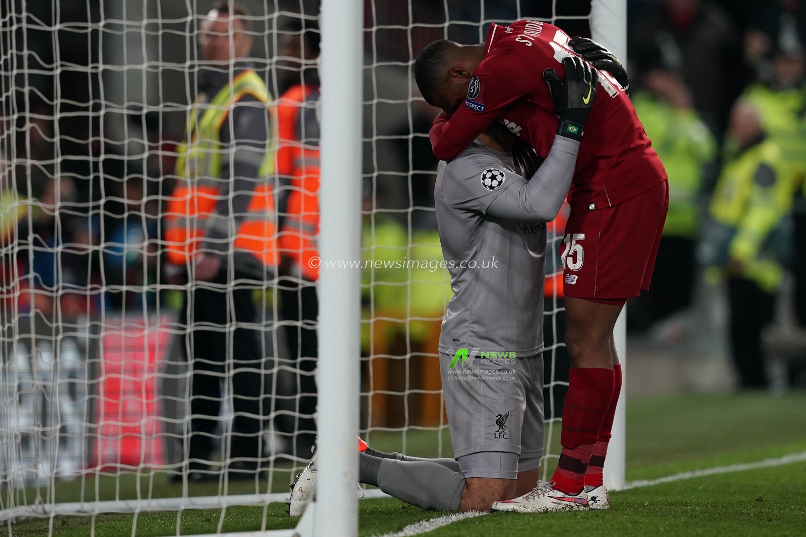 Liverpool's Alison Becker celebrates with Liverpool's Georginio Wijnaldum at the end of the match

7th Mayl 2019 , Anfield Stadium, Liverpool, England;  UEFA Champions League Semi Final, Second Leg, Liverpool FC vs FC Barcelona 

Credit: Terry Donnelly/News Images