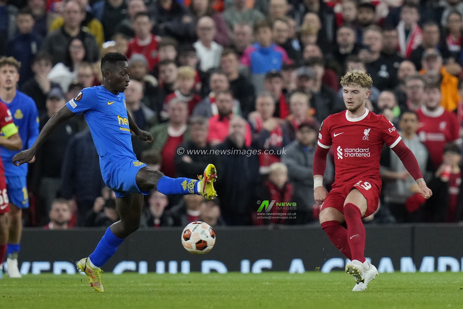 Harvey Elliott #19 of Liverpool crosses the ball under pressure from , Jean Thierry Lazare Amani during the UEFA Europa League match Liverpool vs Union Saint-Gilloise at Anfield, Liverpool, United Kingdom, 5th October 2023

(Photo by Steve Flynn/News Images)