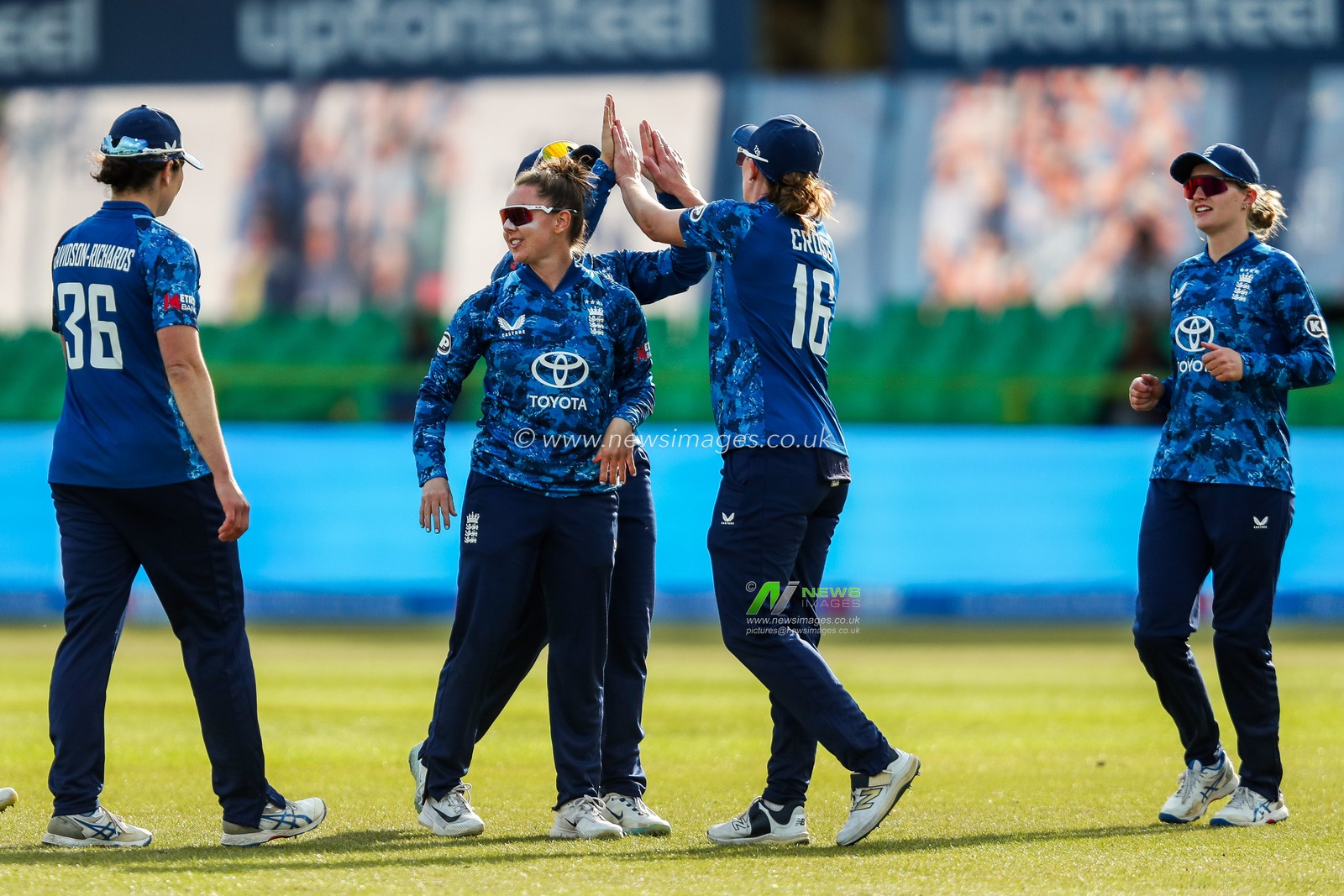 England Women celebrate after the dismissal of Realeanna Grimmond of West Indies Women during the 2nd Metro Bank ODI Day International England Women v West Indies Women at Uptonsteel County Ground, Leicester, United Kingdom, 4th June 2025

(Photo by Izzy Poles/News Images)