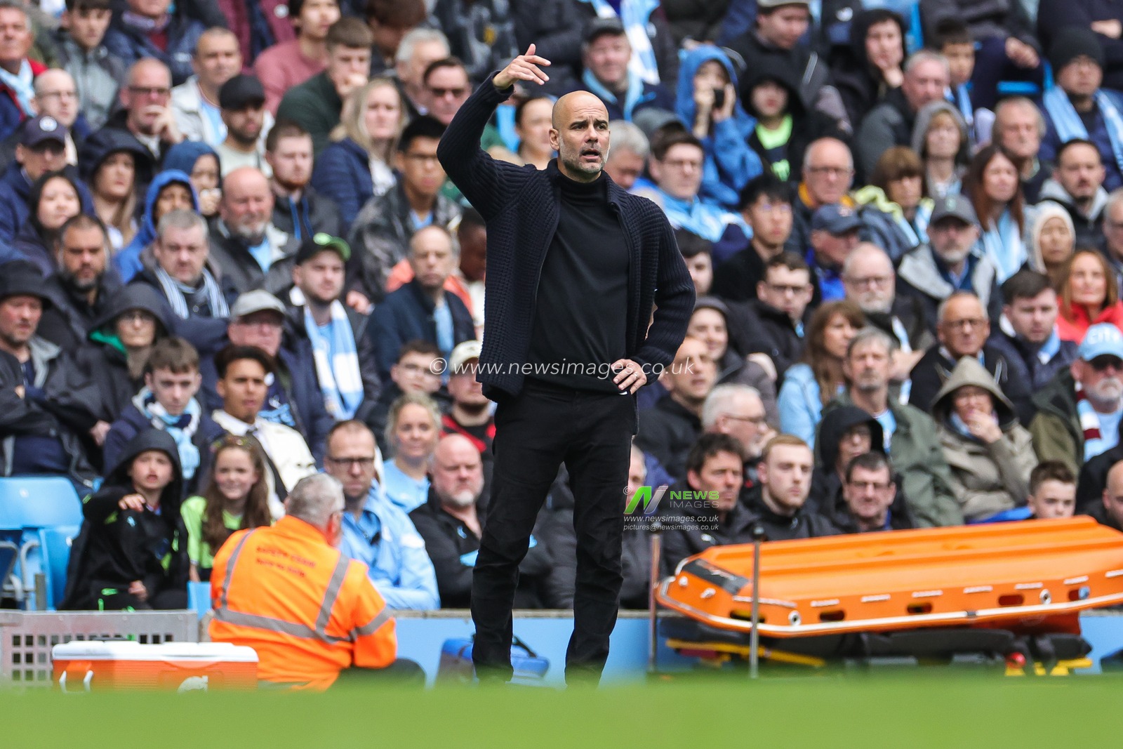 Pep Guardiola Manager of Manchester City gives his team instructions during the Premier League match Manchester City vs Leeds United at Etihad Stadium, Manchester, United Kingdom, 6th May 2023

(Photo by Mark Cosgrove/News Images)