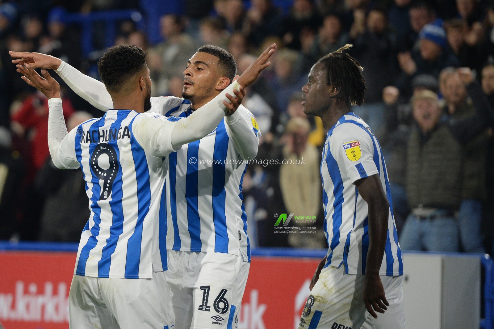 26th November 2019, John Smith's Stadium, Huddersfield, England; Sky Bet Championship, Huddersfield Town v Swansea City : Elias Kachunga (9) and Karlan Grant (16) of Huddersfield Town celebrate equaling goal to make it 1-1.

Credit: Dean Williams/News Images