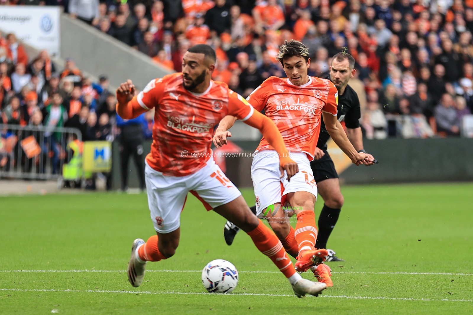 Kenny Dougall #12 of Blackpool shoots on goal, just wide of the post