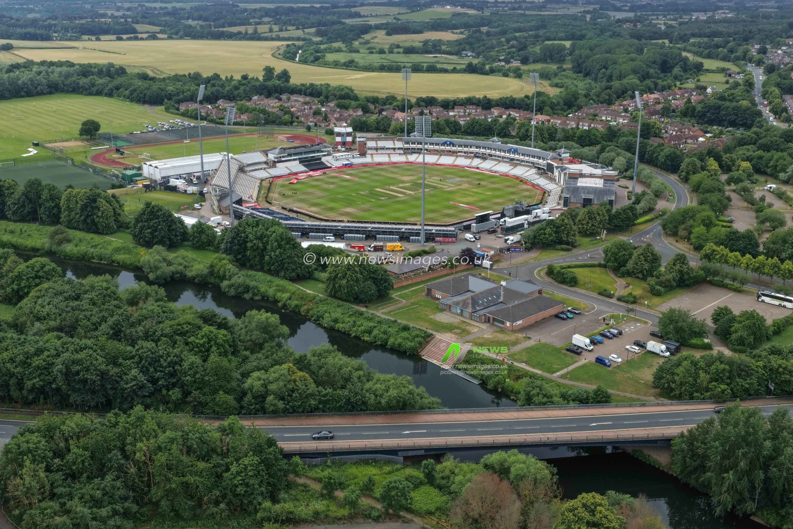An aerial view of The Banks Homes Riverside Stadium during the First Vitality T20 International match England vs India at Banks Homes Riverside Stadium, Chester-le-street, United Kingdom on 01 July 2026

(Photo by Mark Cosgrove/News Images)