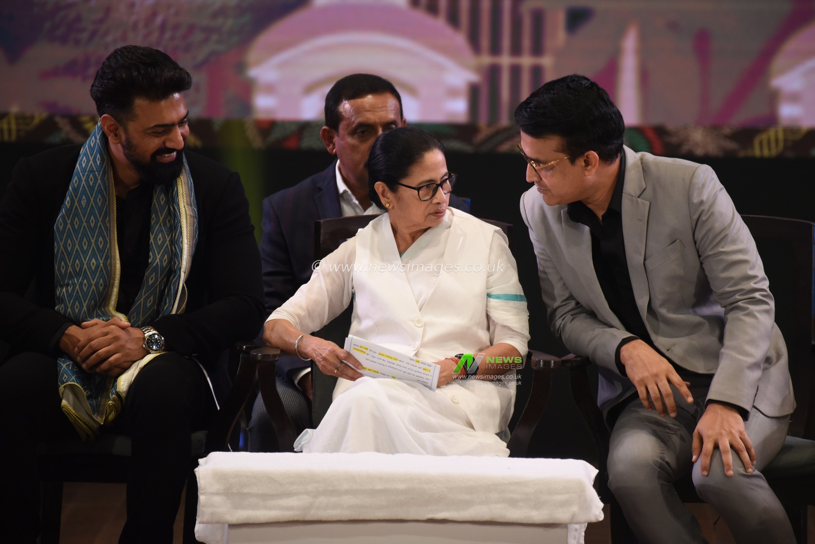 Former Indian cricket team captain Sourav Ganguly, Chief Minister of West Bengal state Mamata Banerjee,center and Actor Dev during the inauguration of the 30th Kolkata International Film Festival in Kolkata, India, Wednesday, December 4,2024. The festival will continue till Dec. 11.Pictures by Debajyoti Chakraborty.(Photo: Debajyoti Chakraborty/News Images)