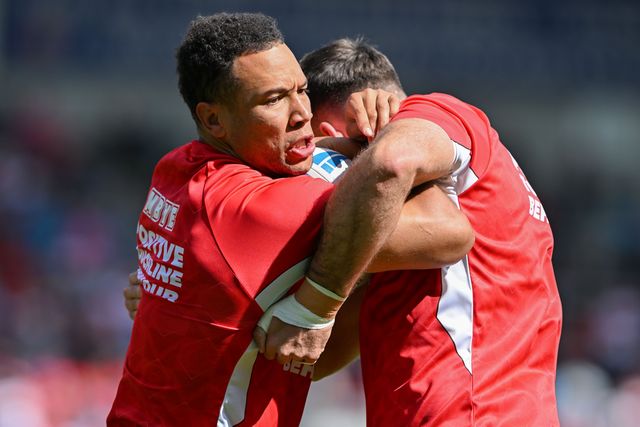 Moses Mbye of St. Helens warms up ahead of the Betfred Super League Round 23 match St Helens vs Hull KR at Totally Wicked Stadium, St Helens, United Kingdom, 24th August 2024

(Photo by Cody Froggatt/News Images)