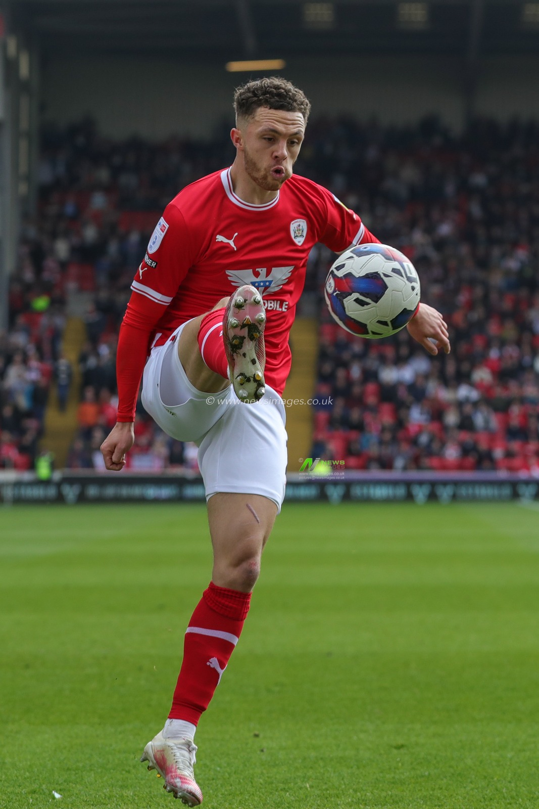 Jordan Williams #2 of Barnsley with the ball during the Sky Bet League 1 match Barnsley vs Oxford United at Oakwell, Barnsley, United Kingdom, 22nd April 2023

(Photo by Alfie Cosgrove/News Images)