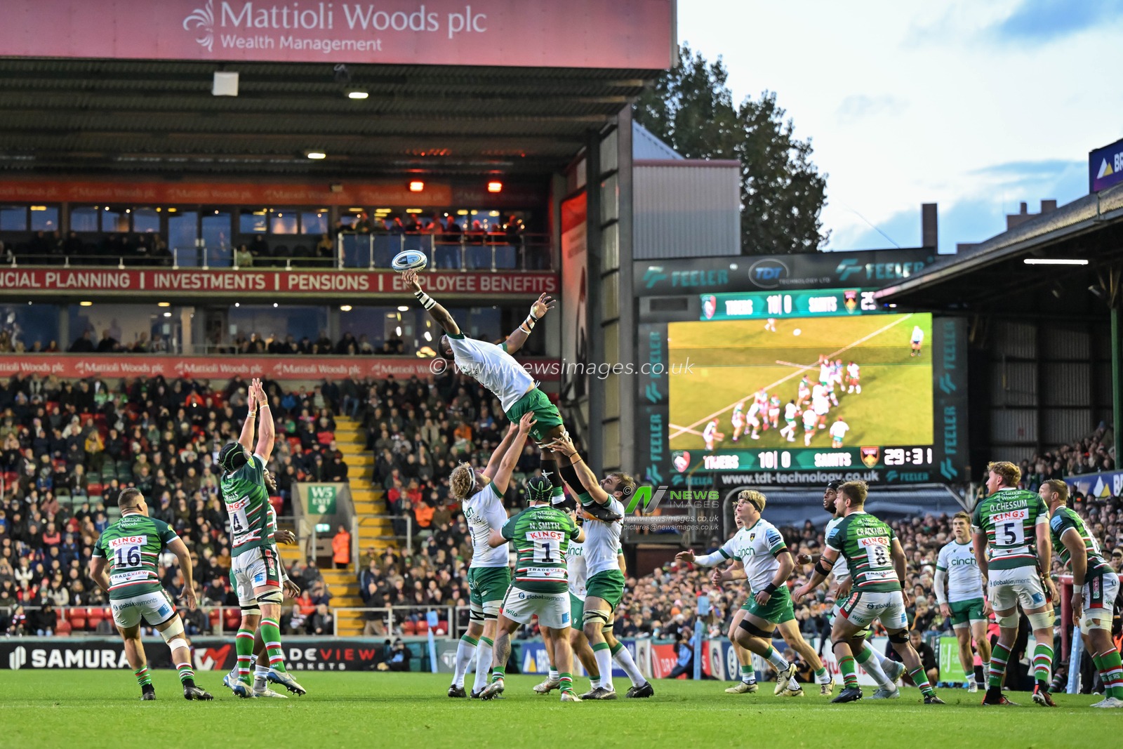 Temo Mayanavanua of Northampton Saints jumps for the ball during the Gallagher Premiership match Leicester Tigers vs Northampton Saints at Mattioli Woods Welford Road Stadium, Leicester, United Kingdom, 12th October 2024

(Photo by Cody Froggatt/News Images)