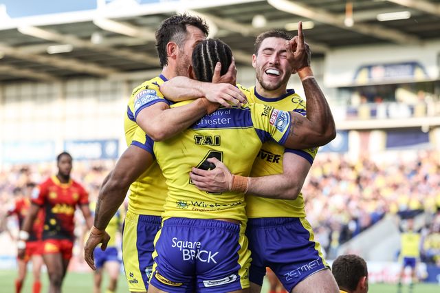 Rodrick Tai of Warrington Wolves celebrates his try during the Betfred Super League Round 13 match Warrington Wolves vs Castleford Tigers at Halliwell Jones Stadium, Warrington, United Kingdom, 30th May 2025

(Photo by Mark Cosgrove/News Images)
