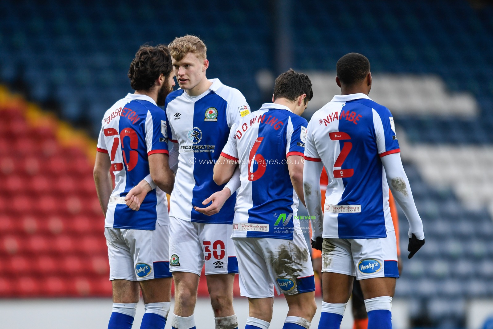 Jarrad Branthwaite #30 of Blackburn Rovers organises the Blackburn Rovers wall before a Luton Town free kick