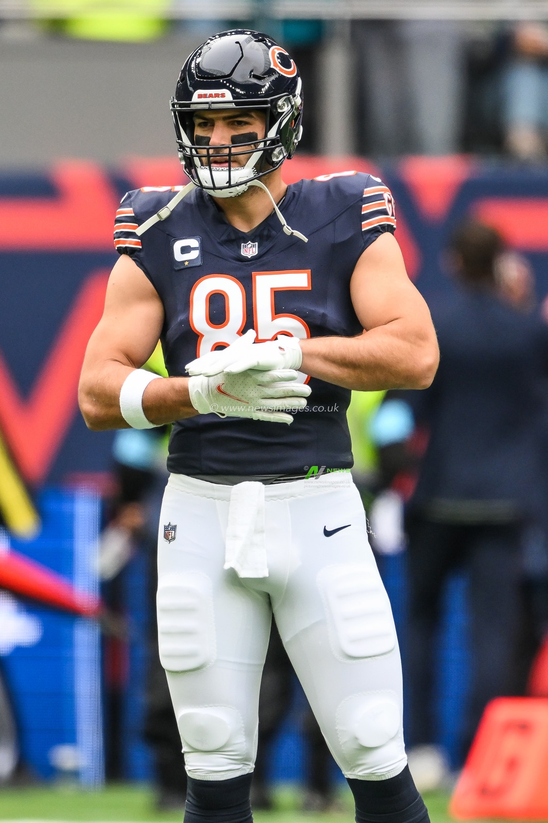 Cole Kmet of the Chicago Bears during pre game warm ups ahead of the Week 6 match Chicago Bears vs Jacksonville Jaguars at Tottenham Hotspur Stadium, London, United Kingdom, 13th October 2024

(Photo by Craig Thomas/News Images)