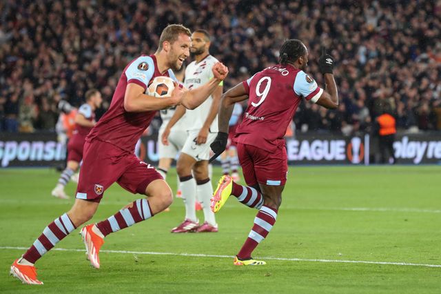 Michail Antonio of West Ham United celebrates his goal to make it 1-0 West Ham United, during the UEFA Europa League Quarter-Final match West Ham United vs Bayer 04 Leverkusen at London Stadium, London, United Kingdom, 18th April 2024

(Photo by Gareth Evans/News Images)