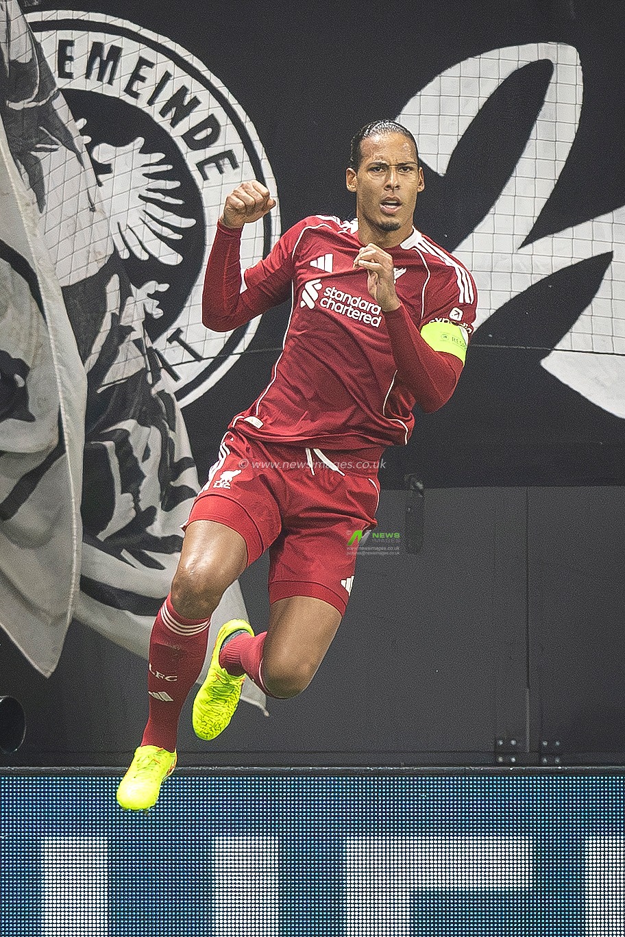 Virgil van Dijk of Liverpool scores and celebrates, 1-2, during the UEFA Champions League Matchday 3 of 8 Eintracht Frankfurt vs Liverpool at Deutsche Bank Park, Frankfurt, Germany, 22nd October 2025

(Photo by Ian Stephen/News Images)