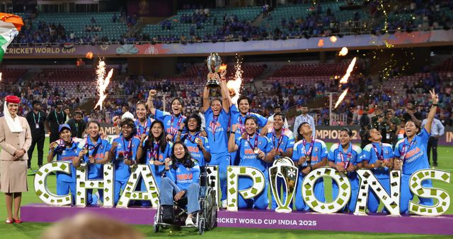 India women's team won the final celebrating with Trophy during the ICC Women's ODI Cricket World Cup Final 2025 session India Women vs South Africa Women at Dr. D.Y. Patil Sports Academy, Navi Mumbai, India, 2nd November 2025

(Photo by Shubhajit Roy Karmakar/News Images)