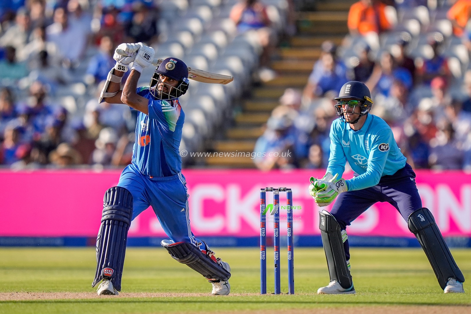 Washington Sundar of India hits a six and celebrates a half century  during the 1st Metro Bank ODI match England vs India at Edgbaston, Birmingham, United Kingdom on 14 July 2026

(Photo by Maynard Manyowa/News Images)
