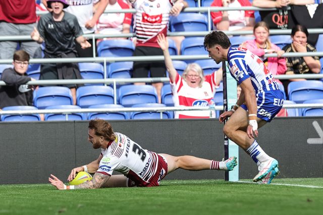 Adam Keighran of Wigan Warriors goes over for a try during the Betfred Super League Magic Weekend match Wigan Warriors vs St Helens at Hill Dickinson Stadium, Liverpool, United Kingdom on 05 July 2026

(Photo by Mark Cosgrove/News Images)
