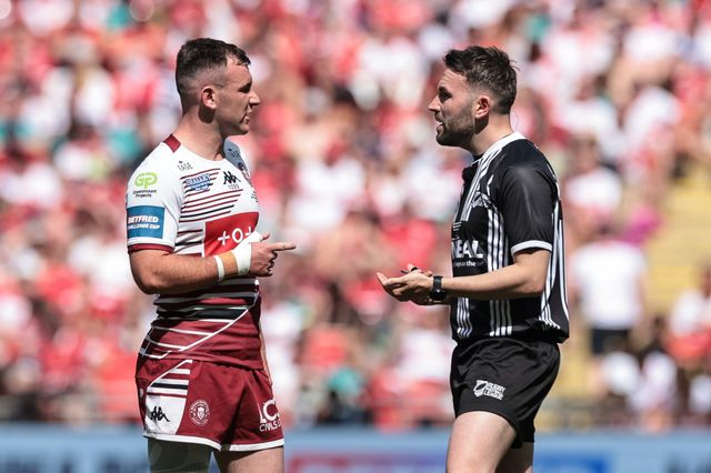 Referee Liam Moore speaks with Harry Smith of Wigan Warriors during the Betfred Challenge Cup Final match Wigan Warriors vs Hull KR at Wembley Stadium, London, United Kingdom on 30 May 2026

(Photo by Mark Cosgrove/News Images)