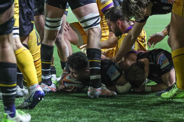 Amanaki Mafi of Newcastle Red Bulls goes over for a try during the Gallagher Premiership match Newcastle Red Bulls vs Northampton Saints at Kingston Park, Newcastle, United Kingdom, 17th October 2025

(Photo by Mark Cosgrove/News Images)